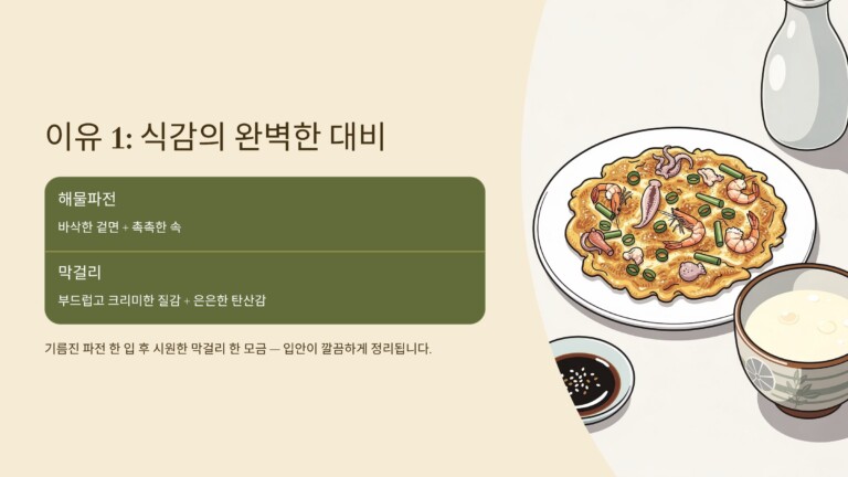 바삭한 파전과 부드러운 막걸리의 완벽한 조화
